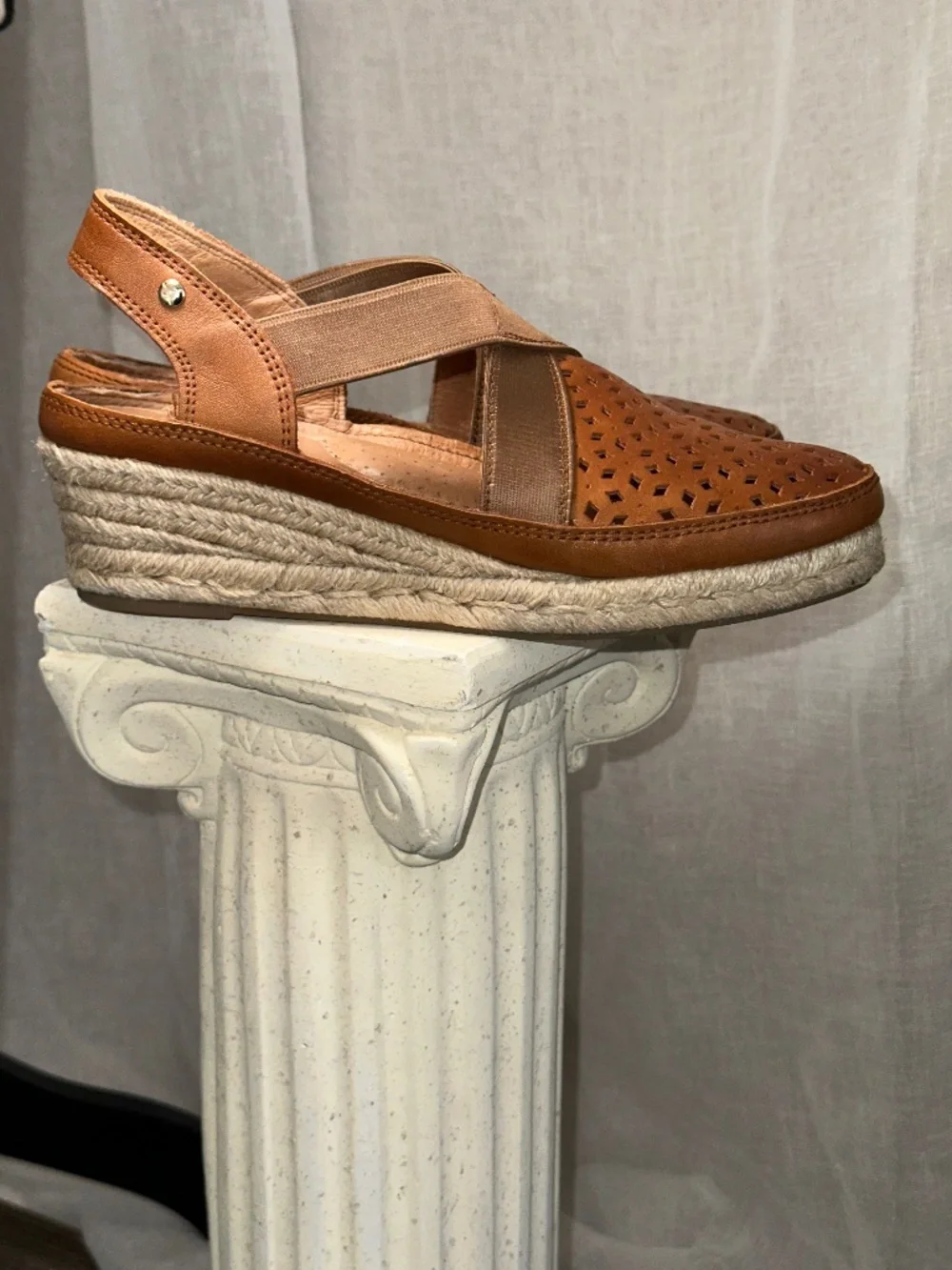 PIKOLINOS Brown Leather Wedge Elastic Espadrille Benidorm size 38 EU 7.5/8 US